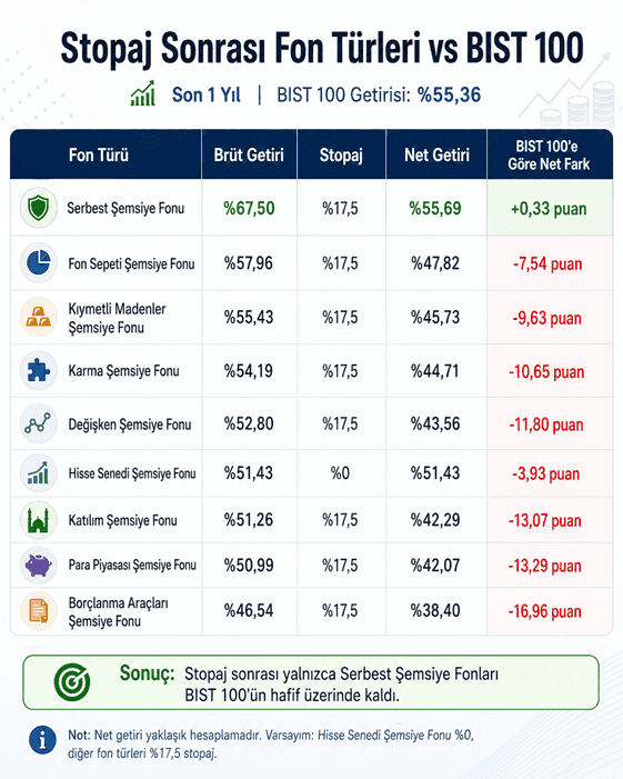 Stopaj sonrası fon türleri ve BIST 100 karşılaştırması