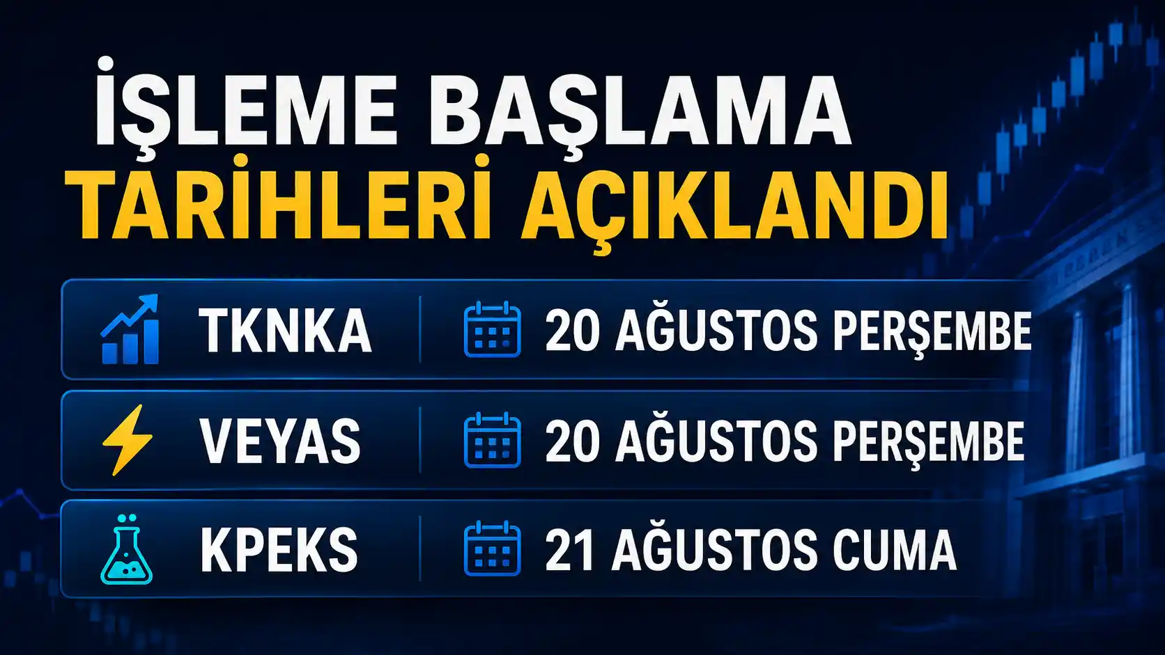 TKNKA ve VEYAS 20 Ağustos, KPEKS 21 Ağustos işlem başlangıç tarihlerini gösteren haber görseli